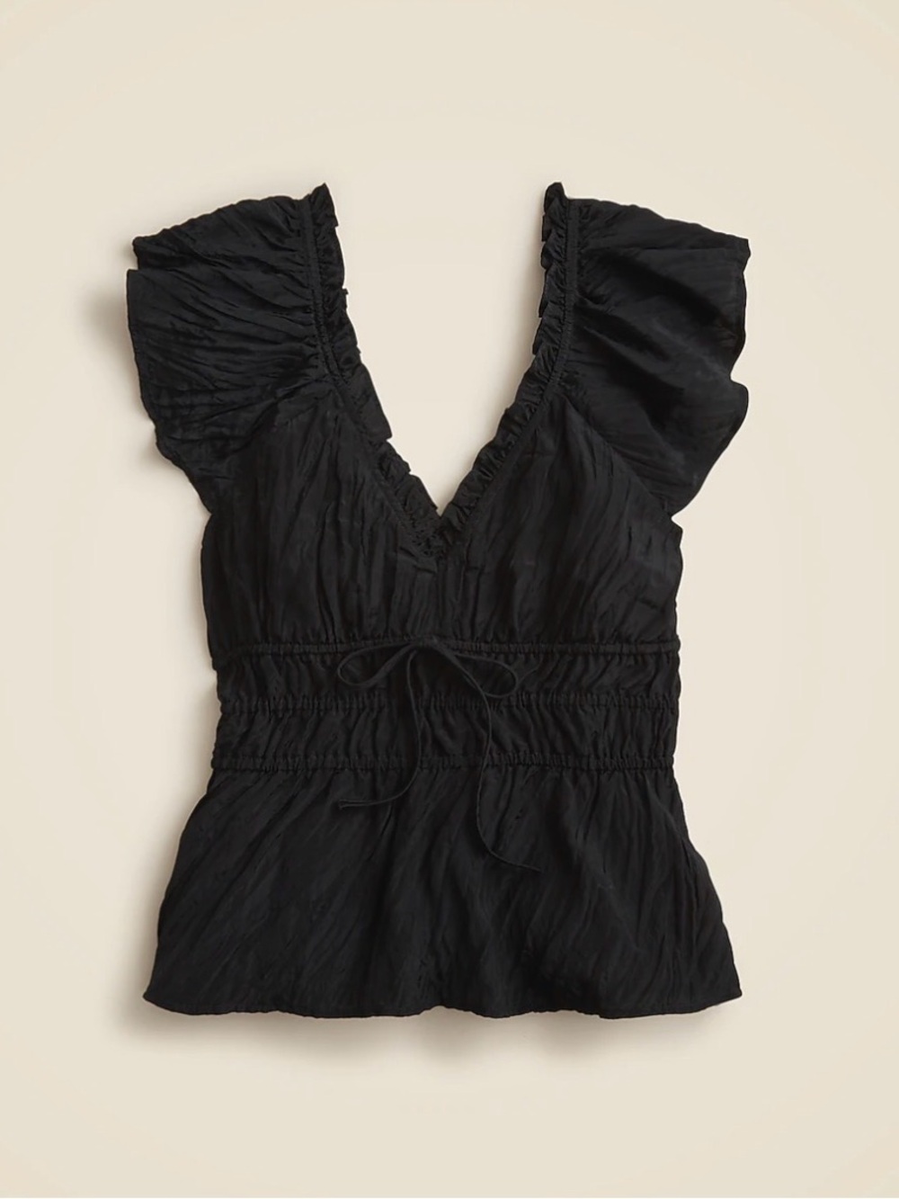 J. Crew Black V-Neck Ruffle Sleeve Smocked Peplum Top